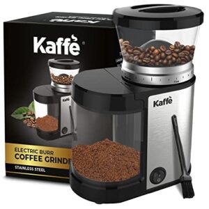 kaffe burr coffee grinder electric w/adjustable settings for precision coffee bean grinding (5.5oz capacity) cleaning brush included. (powerful motor) stainless steel