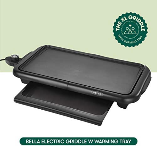 BELLA Electric Griddle w Warming Tray, Make 8 Pancakes or Eggs At Once, Fry Flip & Serve Warm, Healthy-Eco Non-stick Coating, Hassle-Free Clean Up, Submersible Cooking Surface, 10" x 18", Copper/Black