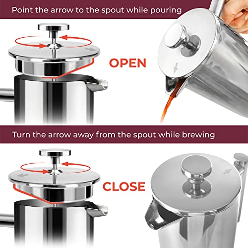 Mueller French Press Double Insulated 304 Stainless Steel Coffee Maker 4 Level Filtration System, No Coffee Grounds, Rust-Free, Dishwasher Safe