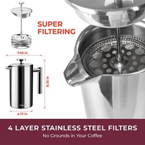 Mueller French Press Double Insulated 304 Stainless Steel Coffee Maker 4 Level Filtration System, No Coffee Grounds, Rust-Free, Dishwasher Safe