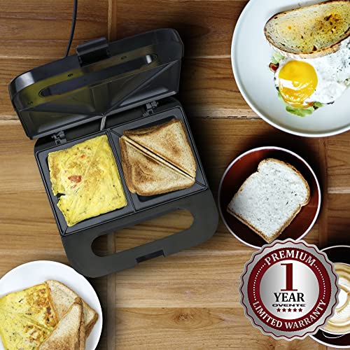 Ovente Electric Sandwich Maker with Non-Stick Plates, 750W Indoor Grill Kitchen or Dorm Essentials Easy to Clean and Storage, Perfect for Breakfast Grilled Cheese Egg Bacon and Steak, Black GPS401B