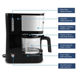 Elite Gourmet EHC9420 Automatic Brew & Drip Coffee Maker, with Pause N Serve, Reusable Filter, On/Off Switch, Water Level Indicator, 5-Cup, Stainless Steel