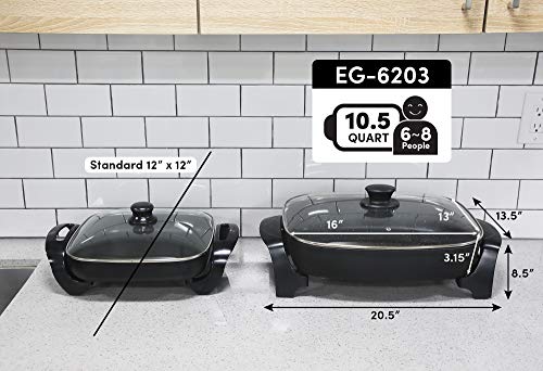 Elite Gourmet EG-6203# Extra Deep 16"x13"x3.2" (10.5Qt.) Scratch Resistant, Easy Pour Spout Dishwasher Safe, Non-stick Electric Skillet with Glass Vented Lid, Adjustable Temperature, Black