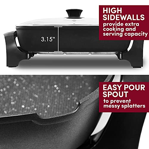 Elite Gourmet EG-6203# Extra Deep 16"x13"x3.2" (10.5Qt.) Scratch Resistant, Easy Pour Spout Dishwasher Safe, Non-stick Electric Skillet with Glass Vented Lid, Adjustable Temperature, Black