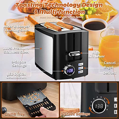 Toaster 2 Slice Wide Slot Toaster Best Rated Prime Displav Smart Toasters with LCD Digital Countdown Timer and Bagel/Defrost/Cancel/Reheat Function