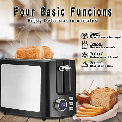 Toaster 2 Slice Wide Slot Toaster Best Rated Prime Displav Smart Toasters with LCD Digital Countdown Timer and Bagel/Defrost/Cancel/Reheat Function