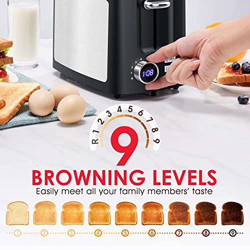 Toaster 2 Slice Wide Slot Toaster Best Rated Prime Displav Smart Toasters with LCD Digital Countdown Timer and Bagel/Defrost/Cancel/Reheat Function