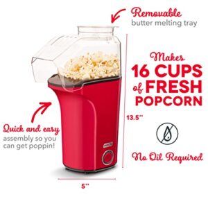 DASH Hot Air Popcorn Popper Maker with Measuring Cup to Portion Popping Corn Kernels + Melt Butter, 16 Cups - Red