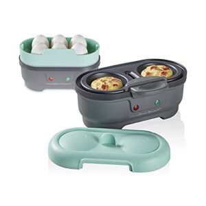 hamilton beach electric egg bites cooker, hard boiler & poacher with removable nonstick tray makes 2 in under 10 minutes, teal (25511)