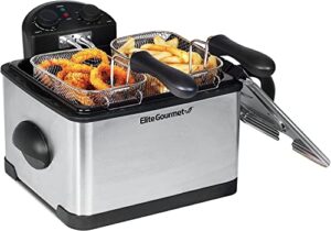 elite gourmet edf-401t electric immersion deep fryer 3-baskets, 1700-watt, timer control, adjustable temperature, lid with viewing window and odor free filter, stainless steel and black