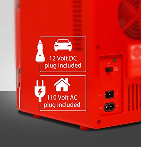 Coca-Cola Classic Coke Bottle 4L Mini Fridge w/ 12V DC and 110V AC Cords, 6 Can Portable Cooler, Personal Travel Refrigerator for Snacks Lunch Drinks Cosmetics, Desk Home Office Dorm, Red