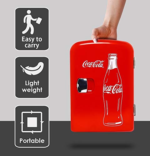 Coca-Cola Classic Coke Bottle 4L Mini Fridge w/ 12V DC and 110V AC Cords, 6 Can Portable Cooler, Personal Travel Refrigerator for Snacks Lunch Drinks Cosmetics, Desk Home Office Dorm, Red