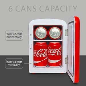 Coca-Cola Classic Coke Bottle 4L Mini Fridge w/ 12V DC and 110V AC Cords, 6 Can Portable Cooler, Personal Travel Refrigerator for Snacks Lunch Drinks Cosmetics, Desk Home Office Dorm, Red