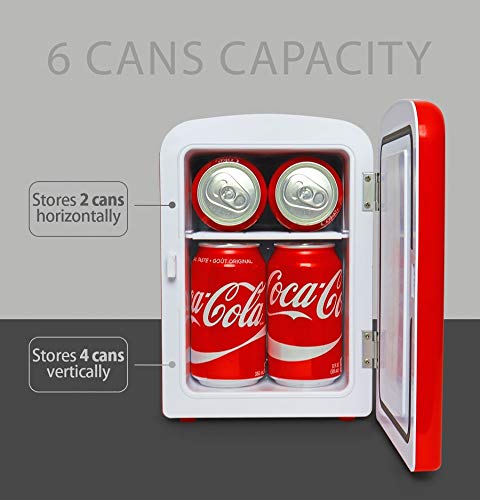Coca-Cola Classic Coke Bottle 4L Mini Fridge w/ 12V DC and 110V AC Cords, 6 Can Portable Cooler, Personal Travel Refrigerator for Snacks Lunch Drinks Cosmetics, Desk Home Office Dorm, Red
