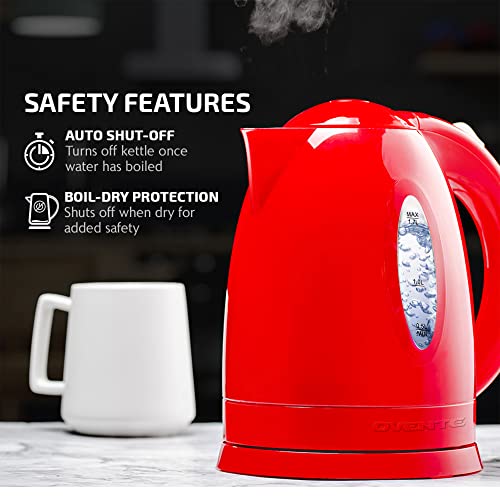 Ovente Electric Kettle 1.7 Liter Hot Water Boiler LED Light, 1100 Watt BPA-Free Portable Tea Maker Fast Heating Element with Auto Shut-Off and Boil Dry Protection, Brew Coffee & Beverage, Red KP72R