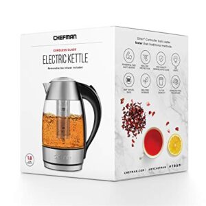 Chefman Electric Glass Kettle, Fast Boiling W/ LED Lights, Auto Shutoff & Boil Dry Protection, Cordless Pouring, BPA Free, Removable Tea Infuser, 1.8 Liters