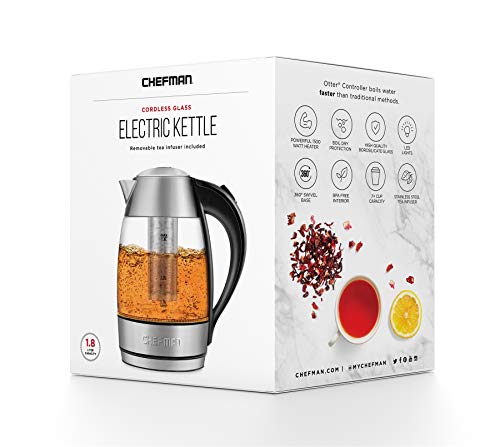 Chefman Electric Glass Kettle, Fast Boiling W/ LED Lights, Auto Shutoff & Boil Dry Protection, Cordless Pouring, BPA Free, Removable Tea Infuser, 1.8 Liters