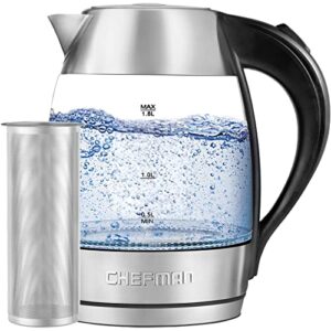 chefman electric glass kettle, fast boiling w/ led lights, auto shutoff & boil dry protection, cordless pouring, bpa free, removable tea infuser, 1.8 liters