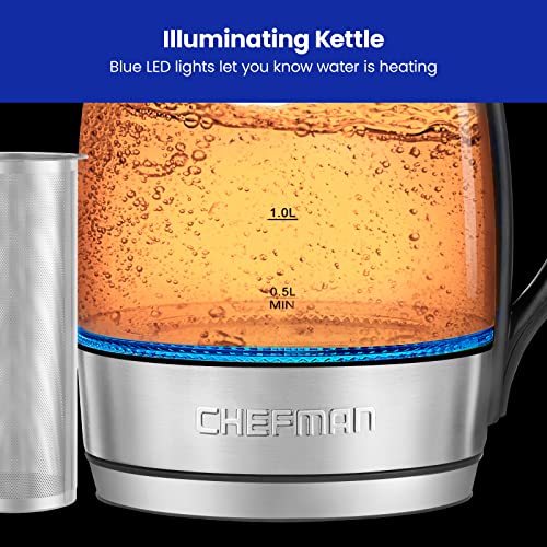 Chefman Electric Glass Kettle, Fast Boiling W/ LED Lights, Auto Shutoff & Boil Dry Protection, Cordless Pouring, BPA Free, Removable Tea Infuser, 1.8 Liters