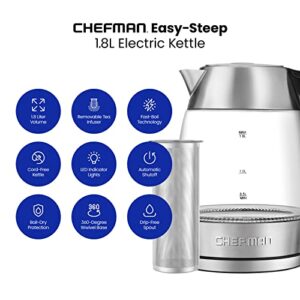 Chefman Electric Glass Kettle, Fast Boiling W/ LED Lights, Auto Shutoff & Boil Dry Protection, Cordless Pouring, BPA Free, Removable Tea Infuser, 1.8 Liters