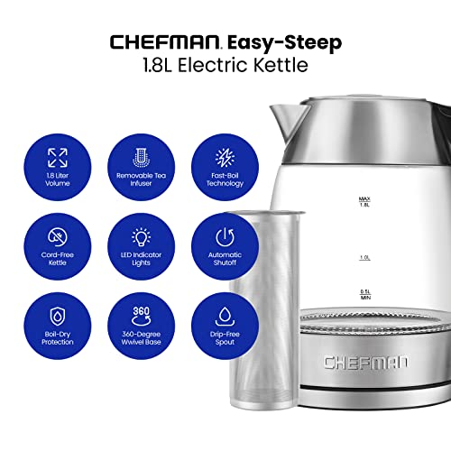 Chefman Electric Glass Kettle, Fast Boiling W/ LED Lights, Auto Shutoff & Boil Dry Protection, Cordless Pouring, BPA Free, Removable Tea Infuser, 1.8 Liters