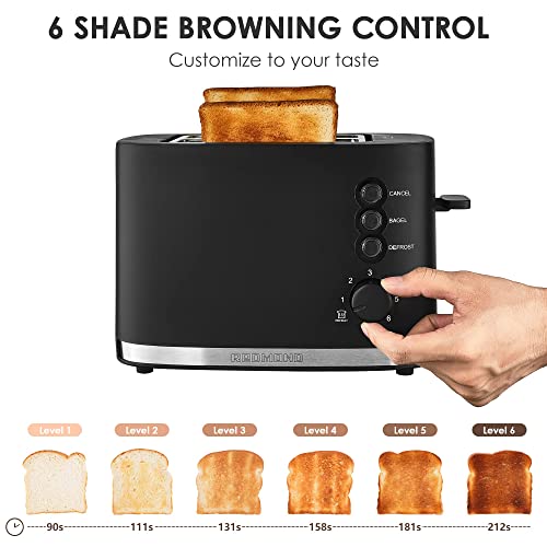 REDMOND Toaster 2 Slice, 1.5" Extra Wide Slots Black Toaster with Reheat, Bagel, Defrost, Cancel Function, 6-Shade Settings, Removable Crumb Tray and High Lift Lever Classic Bread Toaster, 900W