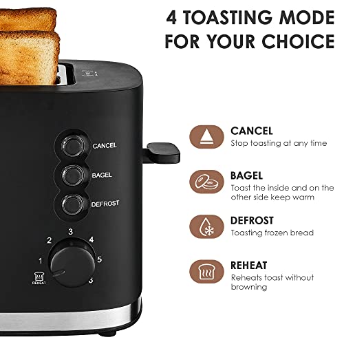 REDMOND Toaster 2 Slice, 1.5" Extra Wide Slots Black Toaster with Reheat, Bagel, Defrost, Cancel Function, 6-Shade Settings, Removable Crumb Tray and High Lift Lever Classic Bread Toaster, 900W