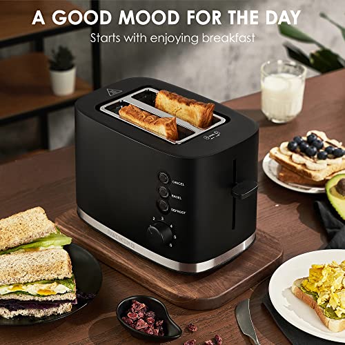 REDMOND Toaster 2 Slice, 1.5" Extra Wide Slots Black Toaster with Reheat, Bagel, Defrost, Cancel Function, 6-Shade Settings, Removable Crumb Tray and High Lift Lever Classic Bread Toaster, 900W