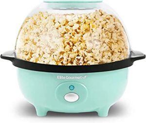 elite gourmet automatic stirring popcorn maker popper, electric hot oil popcorn machine with measuring cap & built-in reversible serving bowl, great for home party kids, safety etl approved, mint