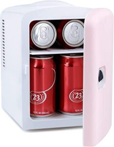 personal chiller portable mini fridge cooler and warmer, 4 liter capacity chills six 12 oz cans, snacks, and skincare products, a/c operation, 100% freon-free
