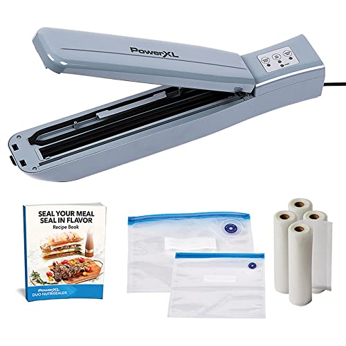 PowerXL Duo NutriSealer Food Vacuum Sealer Machine with Vacuum Seal Bags & Rolls, Double Airtight Sealing with Built-in Cutter, Small Snack Bag Capability, Safety Certified, Lab Tested, LED Indicator Lights (Slate)