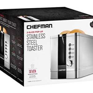 Chefman 2-Slice Pop-Up Stainless Steel Toaster w/ 7 Shade Settings, Extra Wide Slots for Toasting Bagels, Defrost/Reheat/Cancel Functions, Removable Crumb Tray, 850W, 120V, Silver