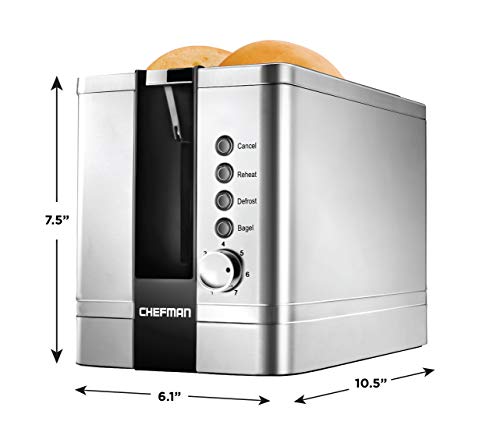 Chefman 2-Slice Pop-Up Stainless Steel Toaster w/ 7 Shade Settings, Extra Wide Slots for Toasting Bagels, Defrost/Reheat/Cancel Functions, Removable Crumb Tray, 850W, 120V, Silver