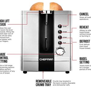 Chefman 2-Slice Pop-Up Stainless Steel Toaster w/ 7 Shade Settings, Extra Wide Slots for Toasting Bagels, Defrost/Reheat/Cancel Functions, Removable Crumb Tray, 850W, 120V, Silver