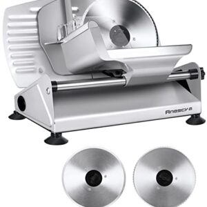 Meat Slicer, Anescra 200W Electric Deli Food Slicer with Two Removable 7.5’’ Stainless Steel Blades and Food Carriage, 0-15mm Adjustable Thickness Meat Slicer for Home, Food Slicer Machine- Silver