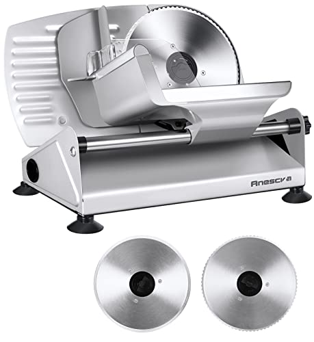 Meat Slicer, Anescra 200W Electric Deli Food Slicer with Two Removable 7.5’’ Stainless Steel Blades and Food Carriage, 0-15mm Adjustable Thickness Meat Slicer for Home, Food Slicer Machine- Silver