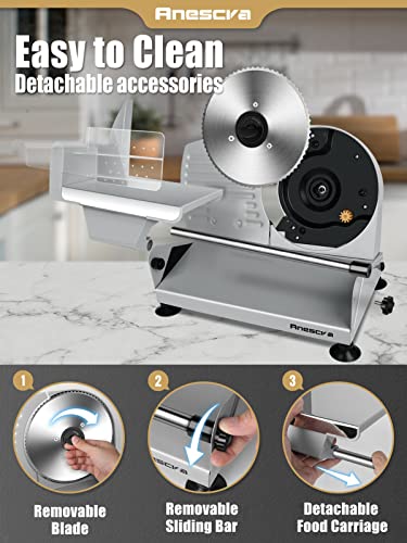 Meat Slicer, Anescra 200W Electric Deli Food Slicer with Two Removable 7.5’’ Stainless Steel Blades and Food Carriage, 0-15mm Adjustable Thickness Meat Slicer for Home, Food Slicer Machine- Silver