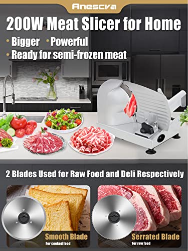 Meat Slicer, Anescra 200W Electric Deli Food Slicer with Two Removable 7.5’’ Stainless Steel Blades and Food Carriage, 0-15mm Adjustable Thickness Meat Slicer for Home, Food Slicer Machine- Silver