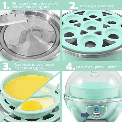 Elite Gourmet EGC007M# Rapid Egg Cooker, 7 Easy-To-Peel, Hard, Medium, Soft Boiled Eggs, Poacher, Omelet Maker, Auto Shut-Off, Alarm, 16-Recipe Booklet, Mint