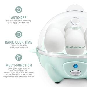 Elite Gourmet EGC007M# Rapid Egg Cooker, 7 Easy-To-Peel, Hard, Medium, Soft Boiled Eggs, Poacher, Omelet Maker, Auto Shut-Off, Alarm, 16-Recipe Booklet, Mint