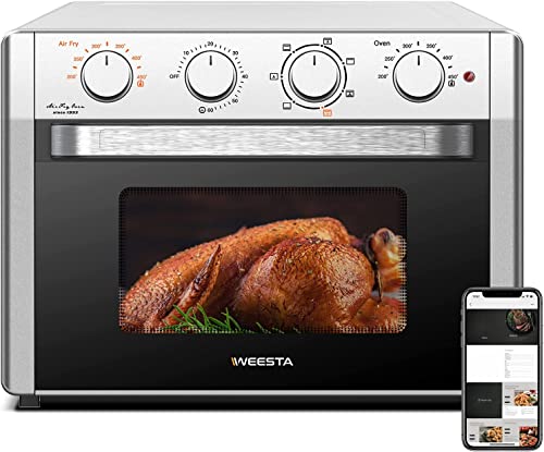 WEESTA Large Air Fryer Toaster Oven, 24 QT, 7-in-1 Convection Oven with Roast, Bake, Broil, 4 Accessories and E-Recipes, 450°F, 1500W, Silver