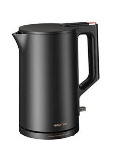 electric tea kettle, intasting double wall electric kettle with seamless stainless steel inner, 1500w fast heating, 1.5l hot water boiler, auto shut-off & boil dry protection, bpa-free, led indicator (matte black)