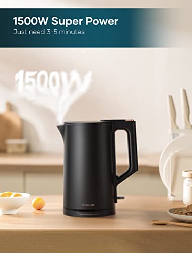 Electric Tea Kettle, INTASTING Double Wall Electric Kettle with Seamless Stainless Steel Inner, 1500W Fast Heating, 1.5L Hot Water Boiler, Auto Shut-Off & Boil Dry Protection, BPA-Free, LED Indicator (Matte Black)