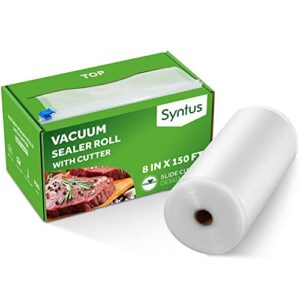 syntus 8″ x 150′ food vacuum seal roll keeper with cutter dispenser, commercial grade vacuum sealer bag rolls, food vac bags, ideal for storage, meal prep and sous vide