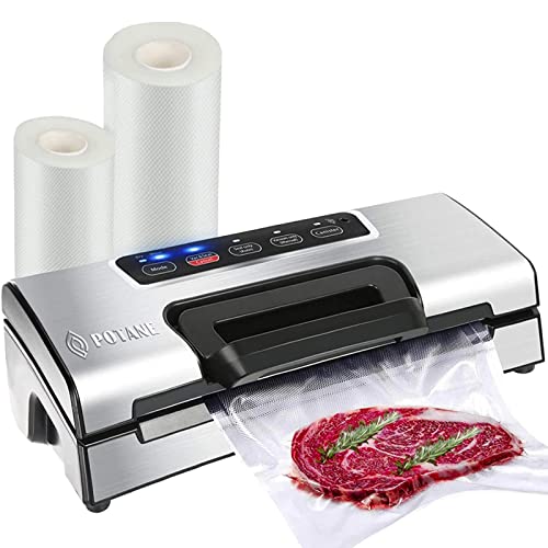 Potane Precision Vacuum Sealer Machine,Pro Food Sealer with Built-in Cutter and Bag Storage(Up to 20 Feet Length), Both Auto&Manual Options,2 Food Modes,Includes 2 Bag Rolls 11”x16’ and 8”x16’,Compact Design