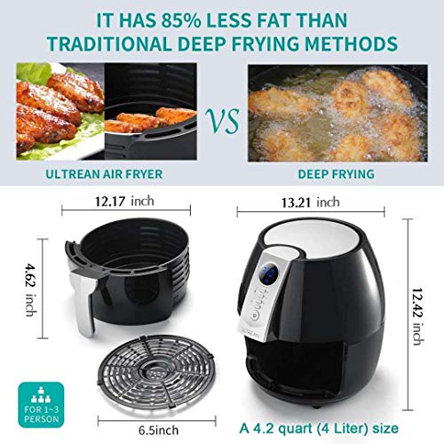Ultrean Air Fryer, 4.2 Quart (4 Liter) Electric Hot Airfryer Oven Oilless Cooker with LCD Digital Screen and Nonstick Frying Pot, UL Certified, 1-Year Warranty, 1500W (Black)