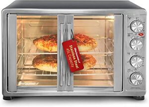 elite gourmet eto-4510m french door 47.5qt, 18-slice convection oven 4-control knobs, bake broil toast rotisserie keep warm, includes 2 x 14″ pizza racks, stainless steel