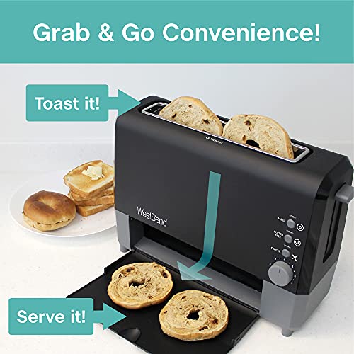 West Bend 77224 Toaster 2 Slice QuikServe Wide Slot Slide Through with Bagel and Gluten-Free Settings and Cool Touch Exterior Includes Removable Serving Tray, Black