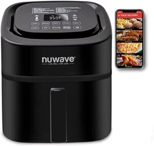 nuwave brio 8-qt air fryer, powerful 1800w, easy-to-read cool white display, 50°-400°f temp controls, 100 pre-programmed presets & 50 memory slots, integrated smart thermometer, linear t technology