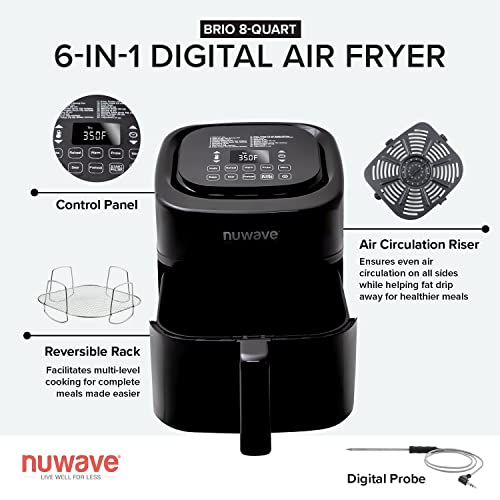 Nuwave Brio 8-Qt Air Fryer, Powerful 1800W, Easy-to-Read Cool White Display, 50°-400°F Temp Controls, 100 Pre-Programmed Presets & 50 Memory Slots, Integrated Smart Thermometer, Linear T Technology